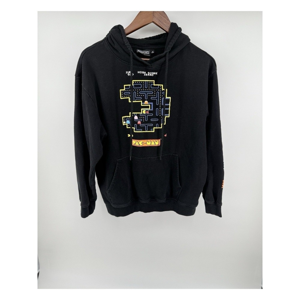 Pac-Man Arcade Game Graphic Hoodie Mens Medium Black Retro Gaming Sweatshirt